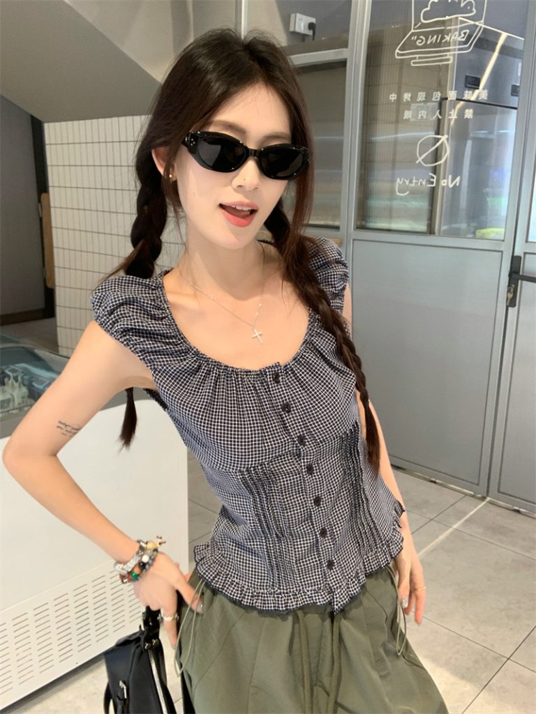 French Plaid Button-Front Shirt and Army Green Pants Two-Piece Set for Women