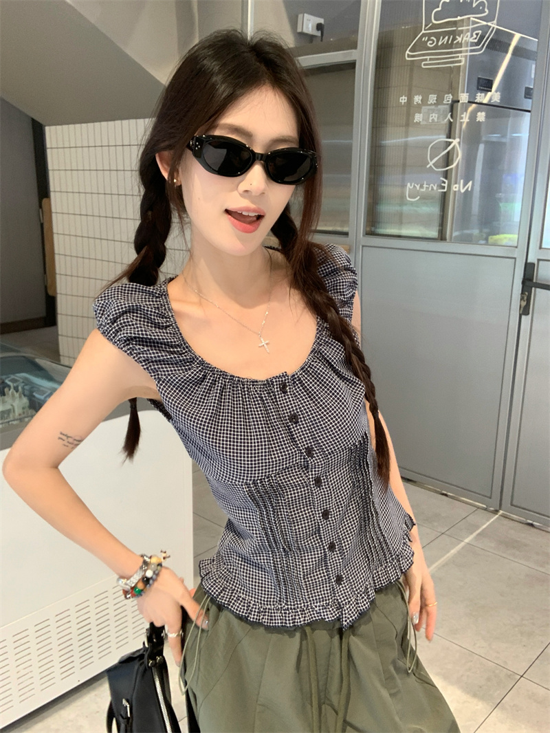 French Plaid Button-Front Shirt and Army Green Pants Two-Piece Set for Women