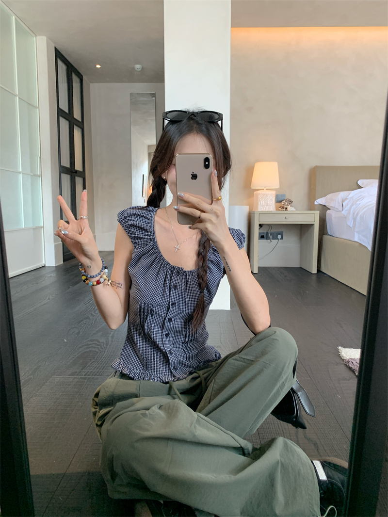 French Plaid Button-Front Shirt and Army Green Pants Two-Piece Set for Women - Image 2
