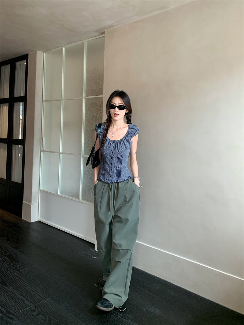 French Plaid Button-Front Shirt and Army Green Pants Two-Piece Set for Women - Image 3