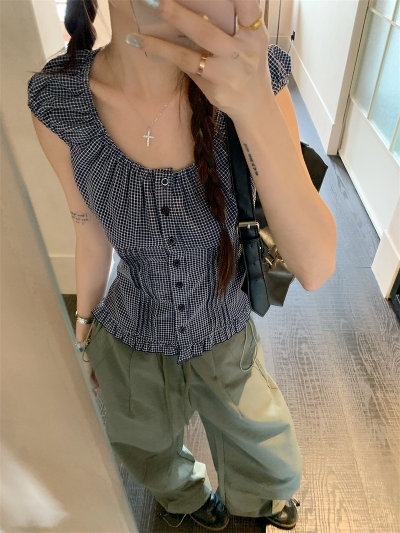 French Plaid Button-Front Shirt and Army Green Pants Two-Piece Set for Women - Image 4