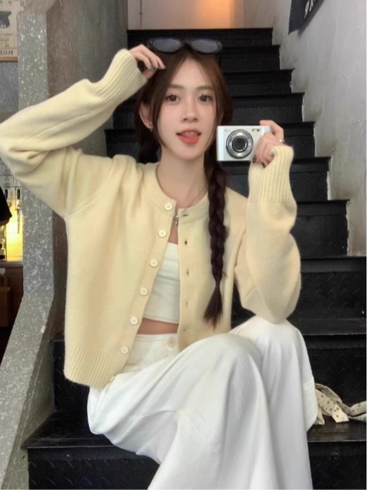 Women's Yellow Cropped Knit Cardigan Soft Loose Slimming Fall Top