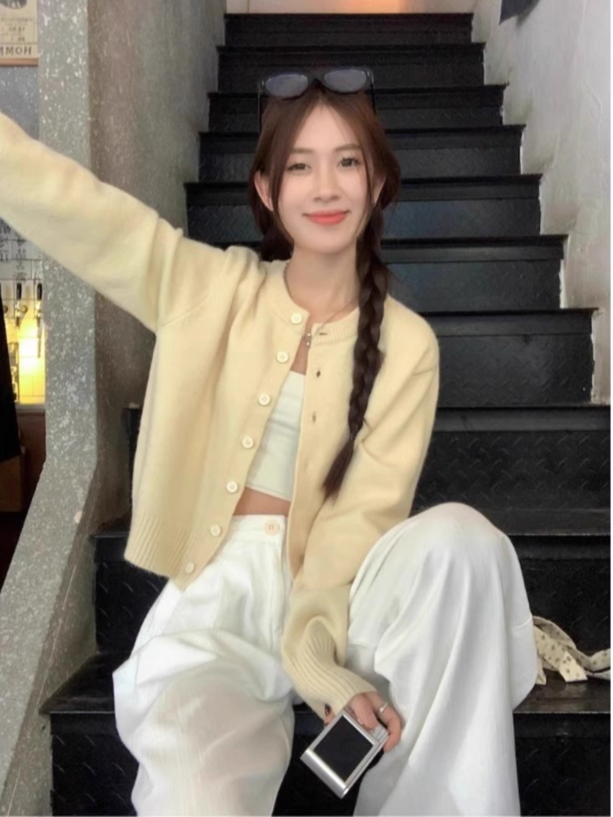 Women's Yellow Cropped Knit Cardigan Soft Loose Slimming Fall Top - Image 2