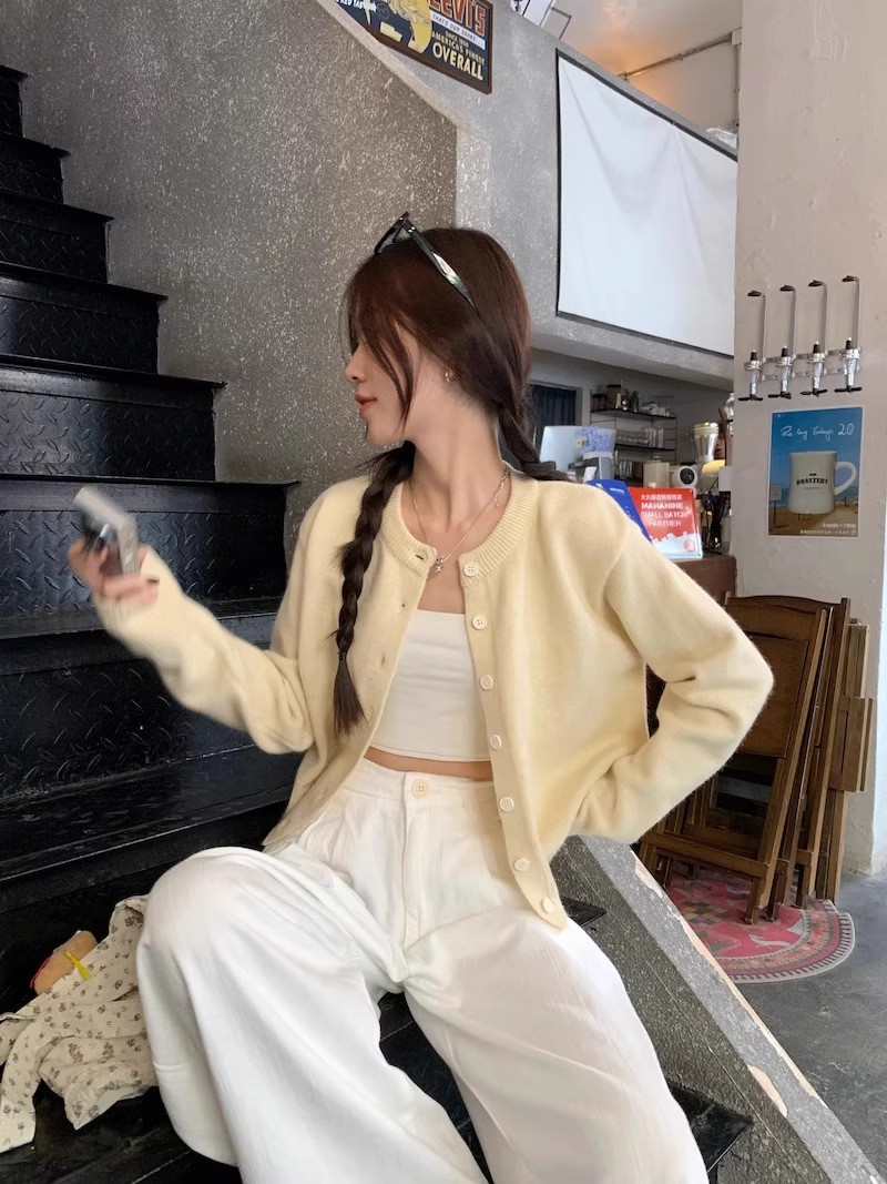 Women's Yellow Cropped Knit Cardigan Soft Loose Slimming Fall Top - Image 4