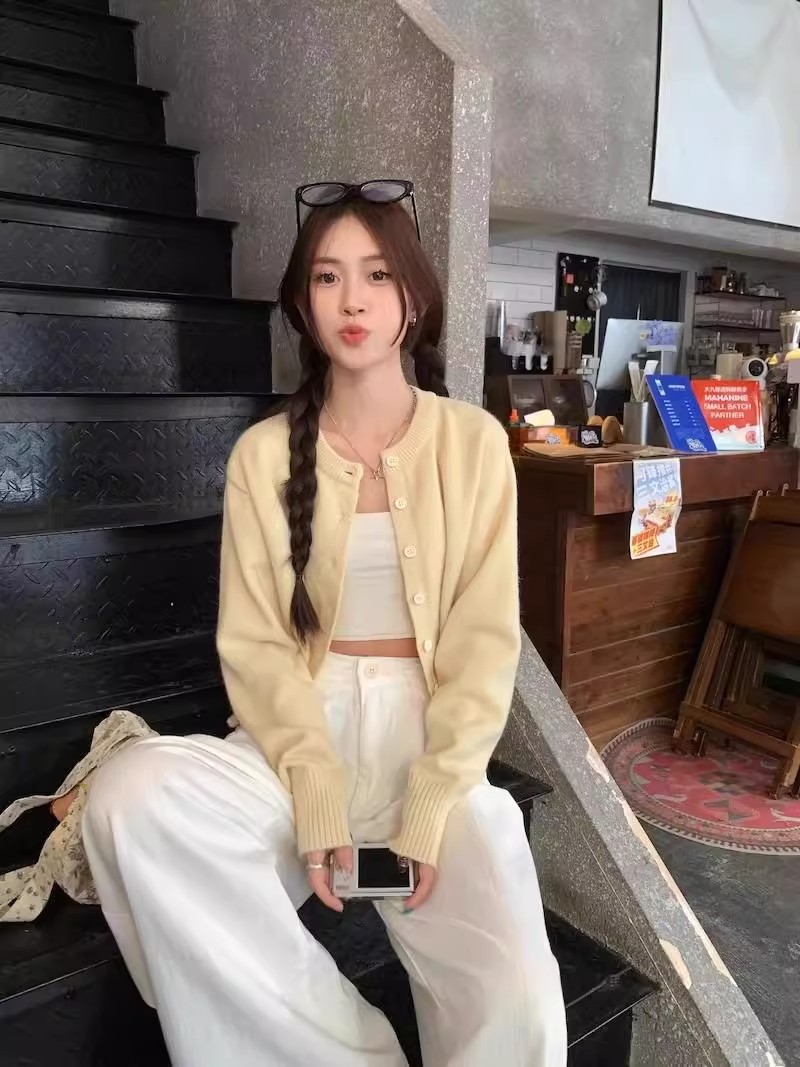 Women's Yellow Cropped Knit Cardigan Soft Loose Slimming Fall Top - Image 3