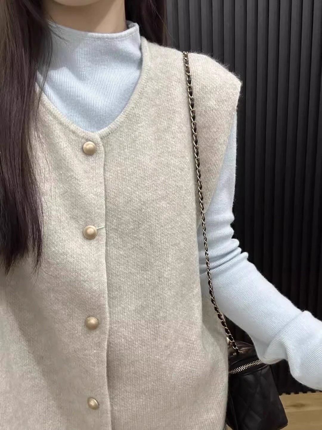 Women's Two-Piece Knit Sweater Vest Set with Stand Collar and Button Detail - Image 2