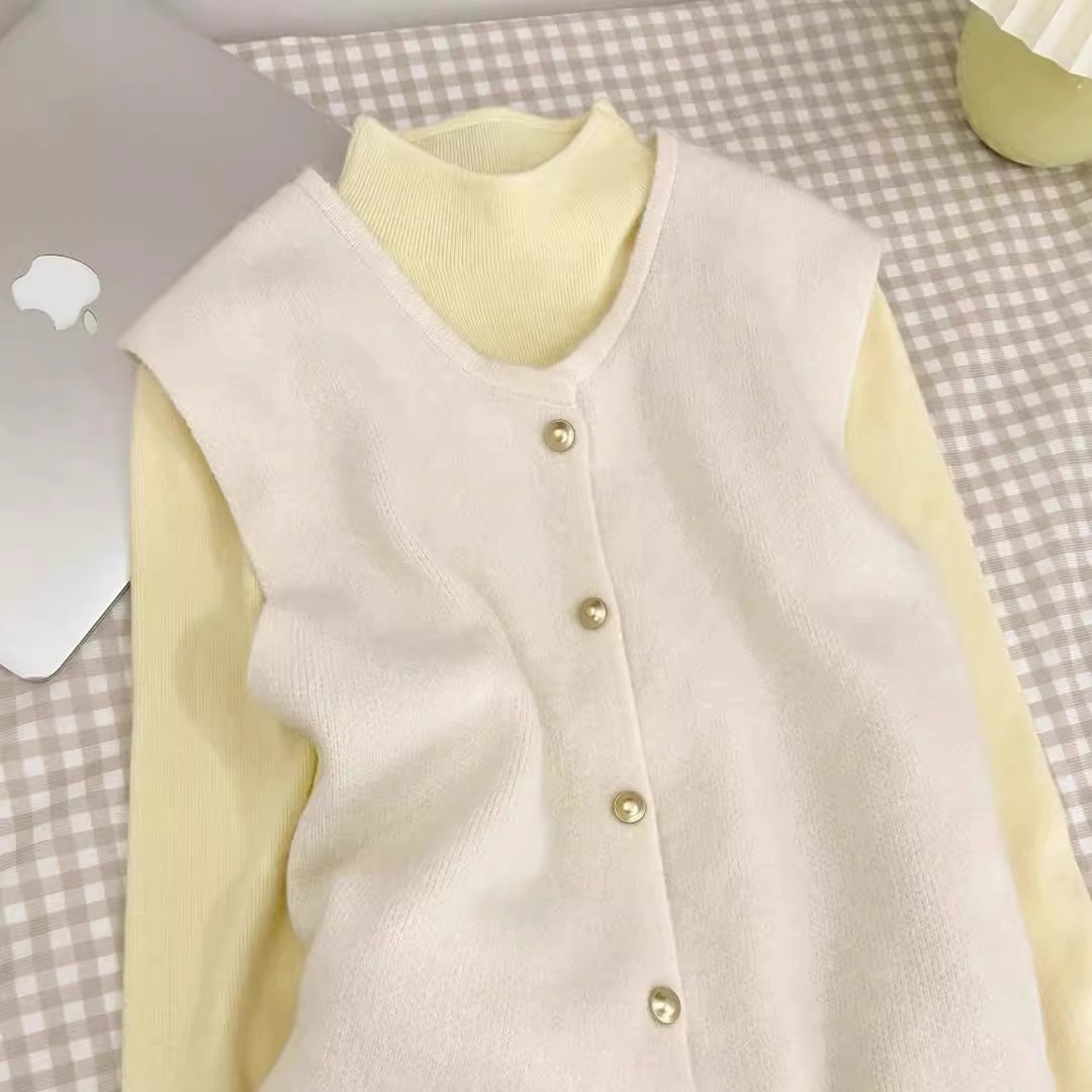 Women's Two-Piece Knit Sweater Vest Set with Stand Collar and Button Detail - Image 5