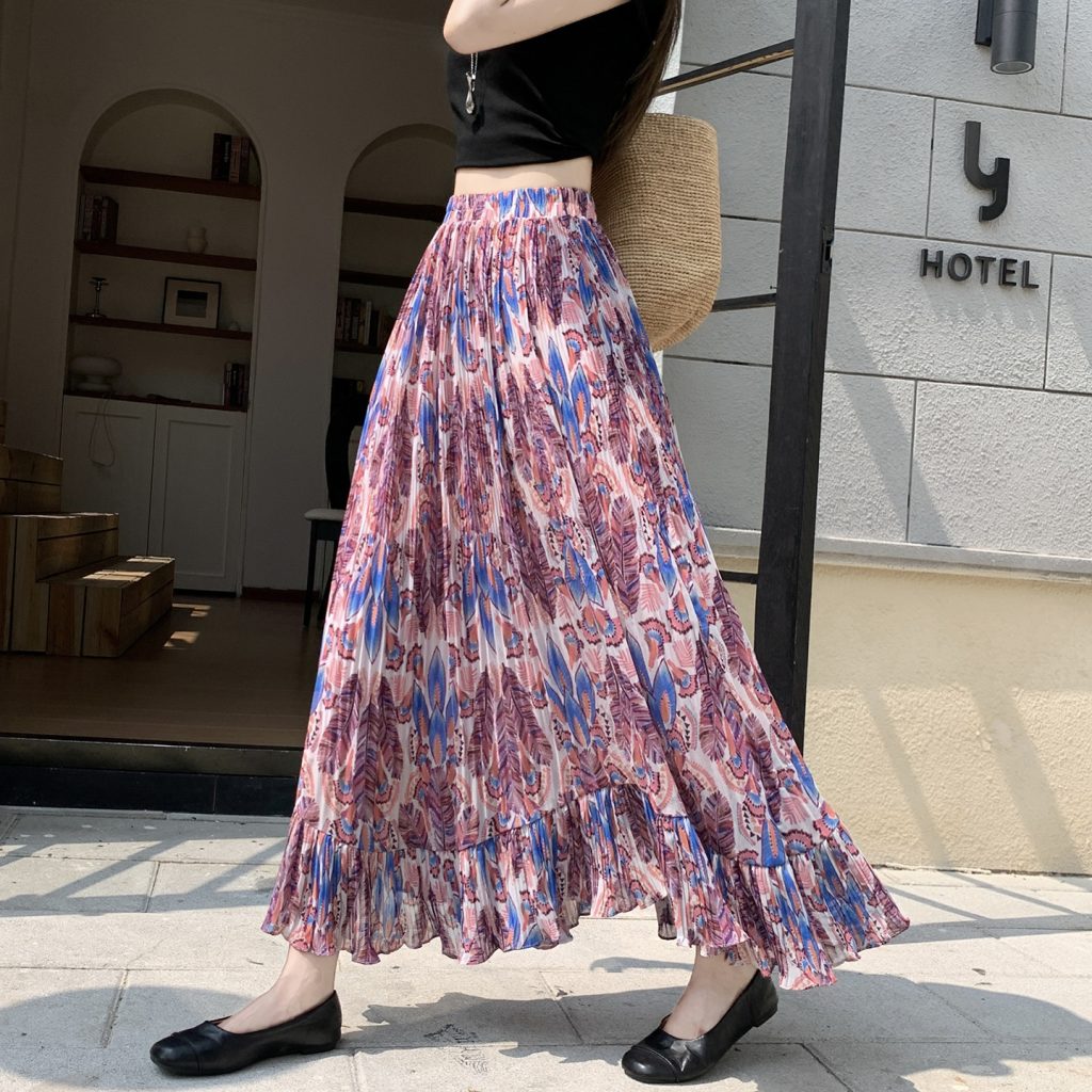 Women's Chiffon Pleated Cake A-Line Maxi Skirt Summer 2026 Loose Floral Ruffled Hem