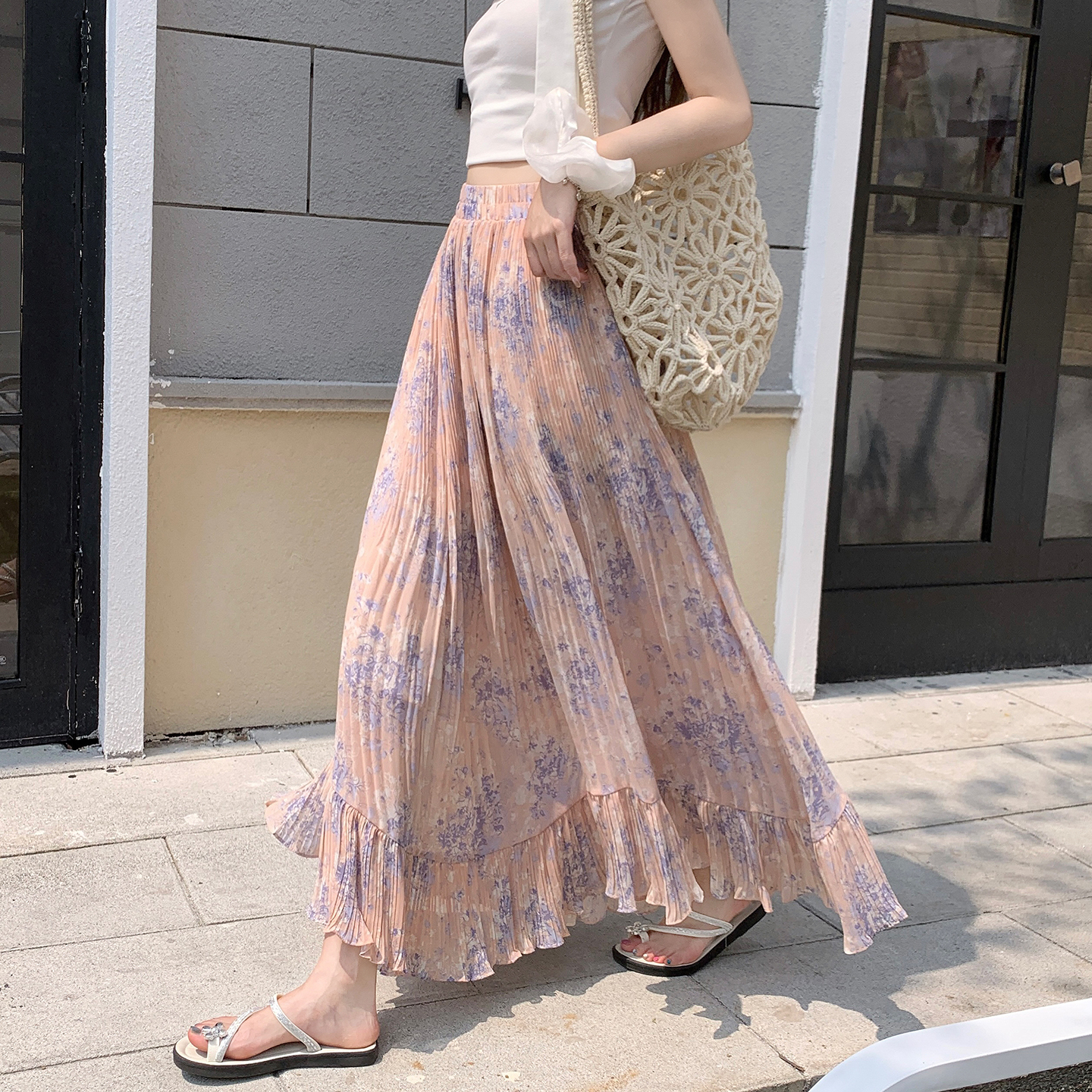 Women's Chiffon Pleated Cake A-Line Maxi Skirt Summer 2026 Loose Floral Ruffled Hem - Image 2