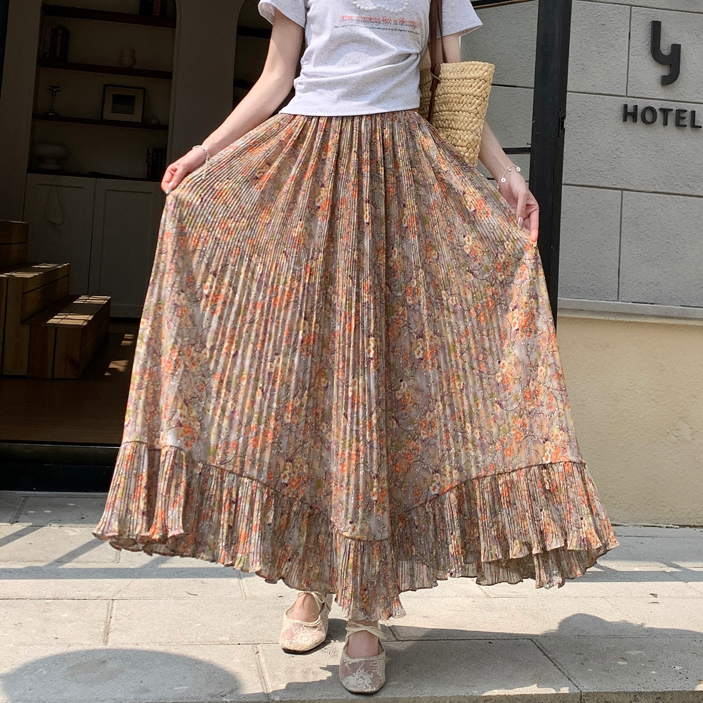 Women's Chiffon Pleated Cake A-Line Maxi Skirt Summer 2026 Loose Floral Ruffled Hem - Image 3