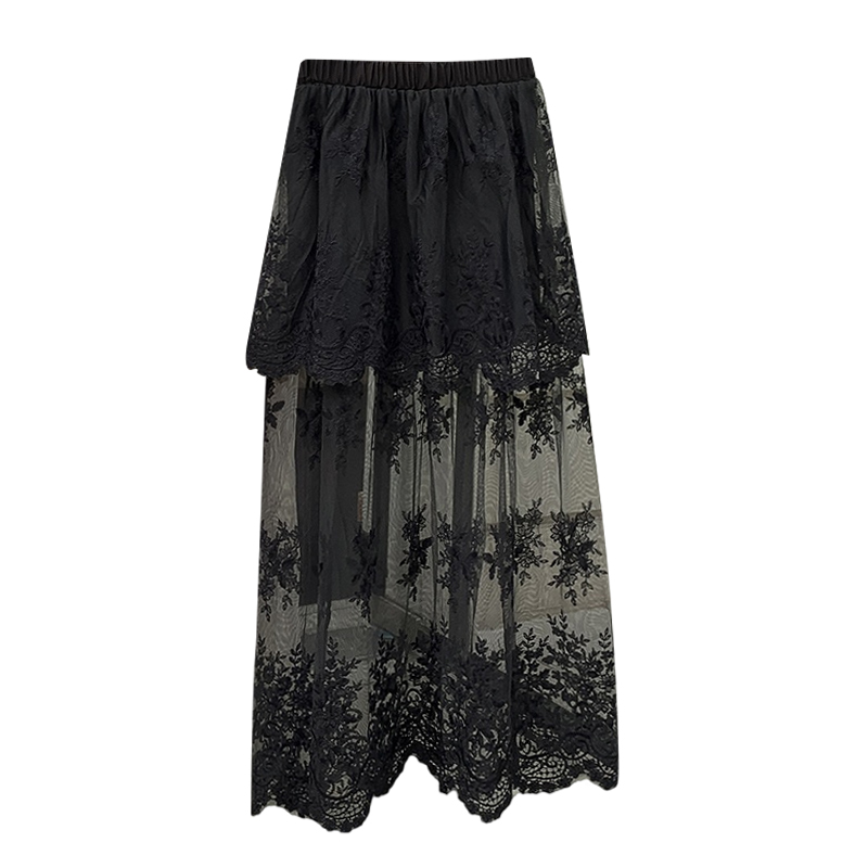 Retro Lace Spliced High Waist A-Line Midi Skirt for Women 2026 Spring Summer French Style Sheer Mesh - Image 5