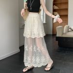 Retro Lace Spliced High Waist A-Line Midi Skirt for Women 2026 Spring Summer French Style Sheer Mesh