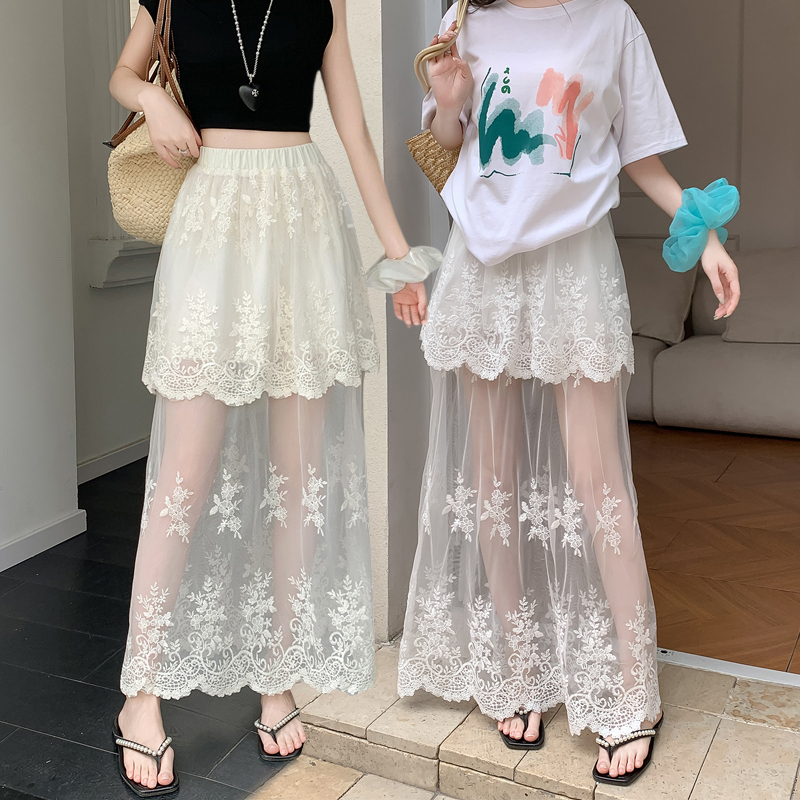Retro Lace Spliced High Waist A-Line Midi Skirt for Women 2026 Spring Summer French Style Sheer Mesh - Image 2