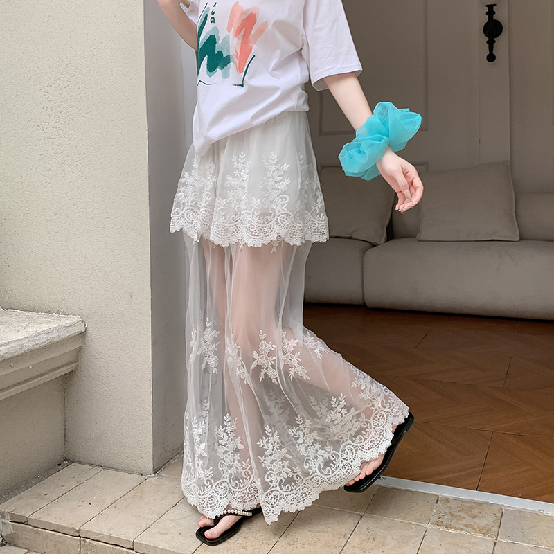 Retro Lace Spliced High Waist A-Line Midi Skirt for Women 2026 Spring Summer French Style Sheer Mesh - Image 3