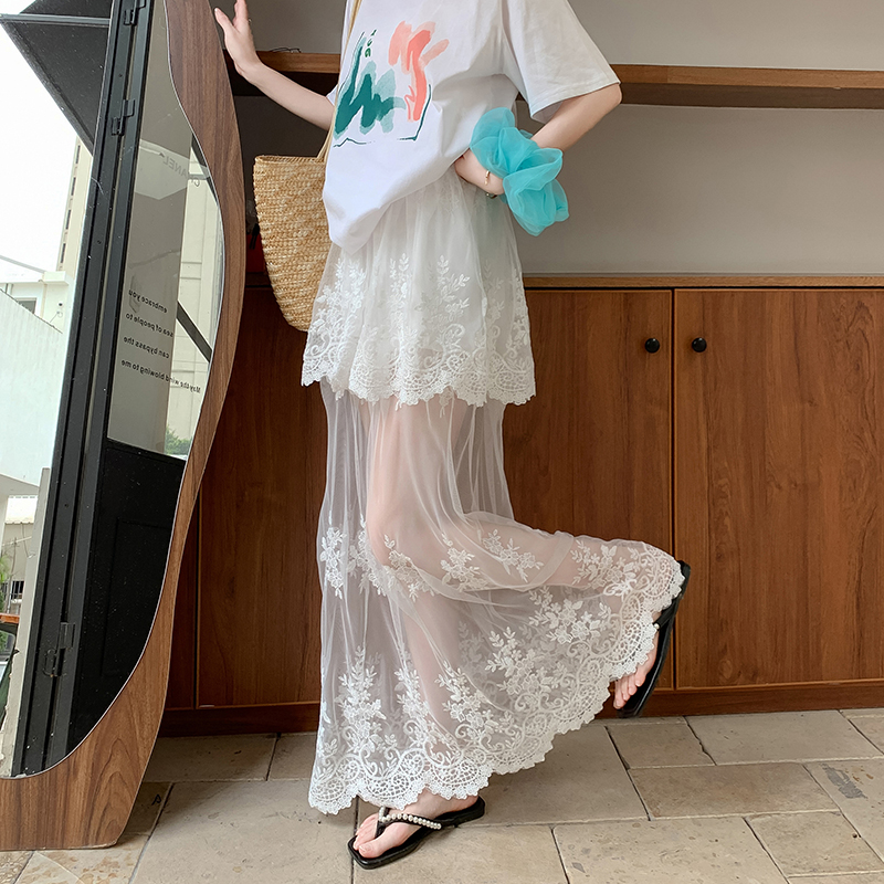 Retro Lace Spliced High Waist A-Line Midi Skirt for Women 2026 Spring Summer French Style Sheer Mesh - Image 4