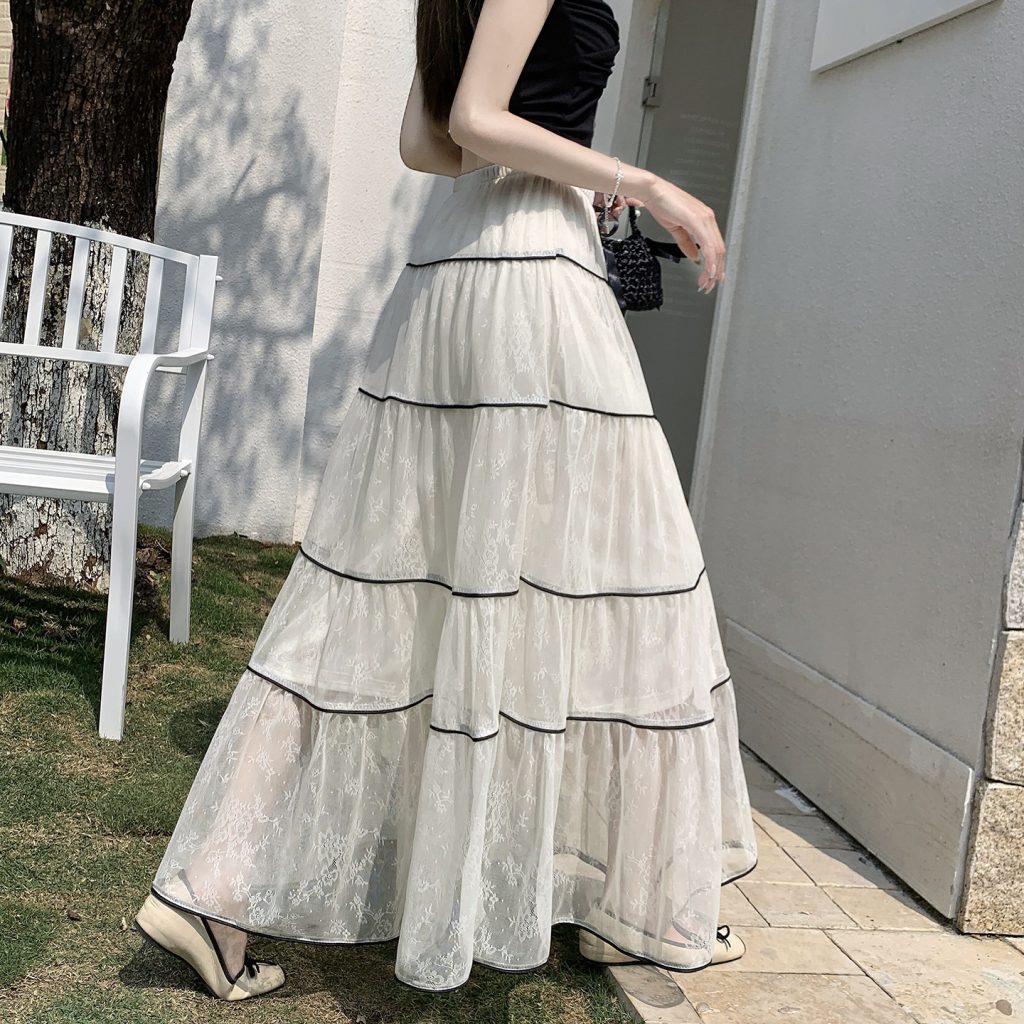 Elegant French Lace Mesh Skirt for Women 2026 Spring Bow Tie Long Flowy Skirt
