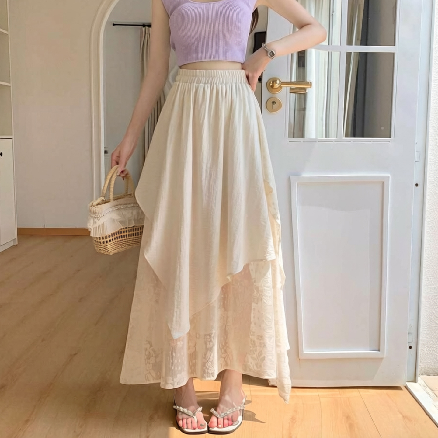 Irregular Lace Midi Skirt 2026 Summer Korean Style Women