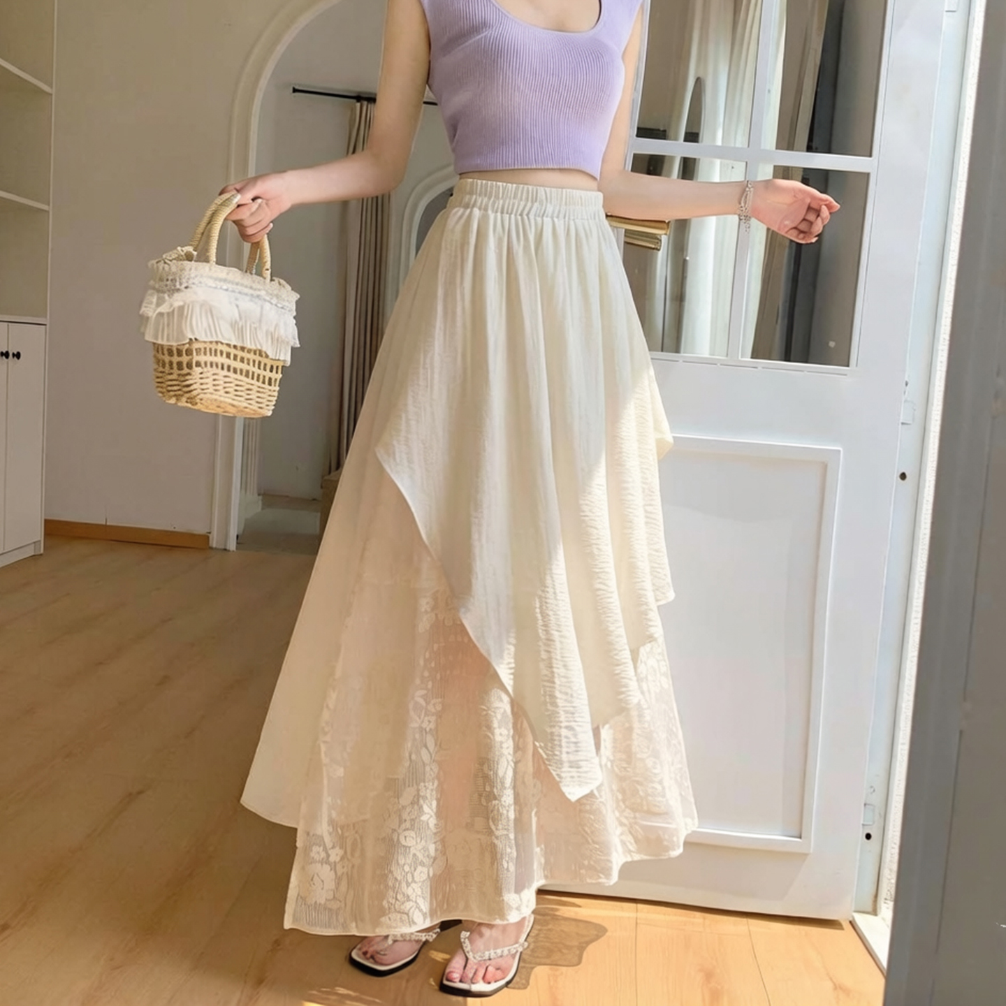 Irregular Lace Midi Skirt 2026 Summer Korean Style Women - Image 2