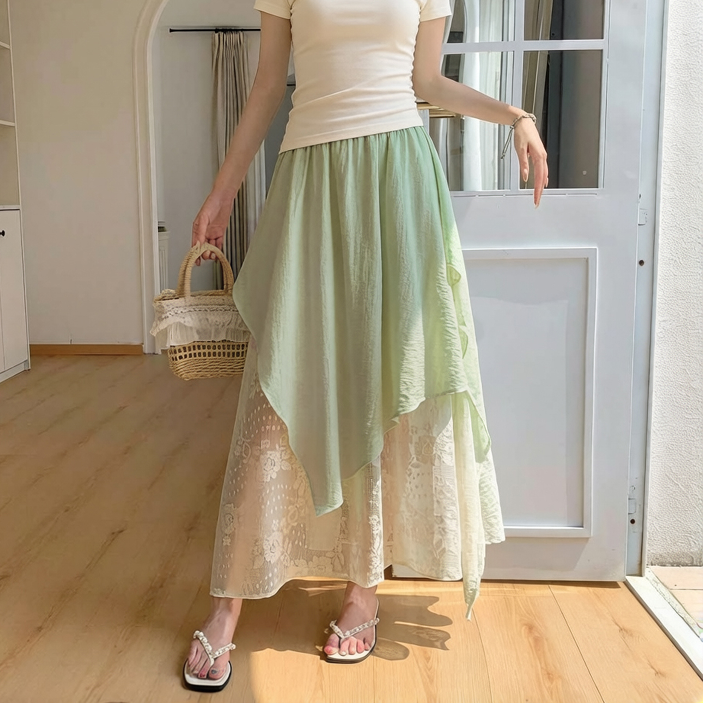 Irregular Lace Midi Skirt 2026 Summer Korean Style Women - Image 3