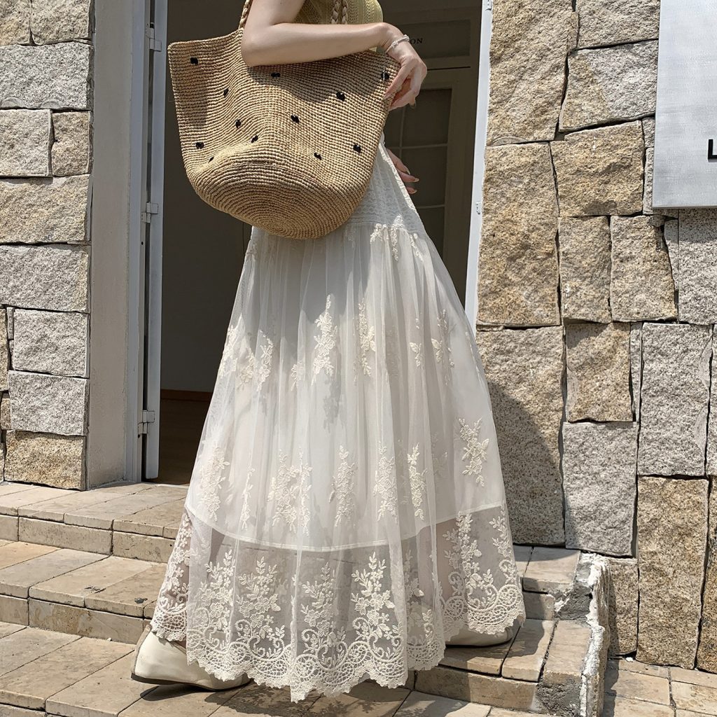 Embroidered Lace A-Line Midi Skirt for Women 2026 Spring Sweet Slimming High Waist Elastic