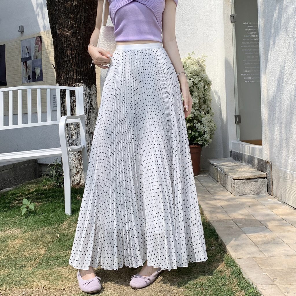 French Style Black Polka Dot Long Skirt for Women 2026 Spring Summer High Waist Slimming A-Line Pleated Skirt