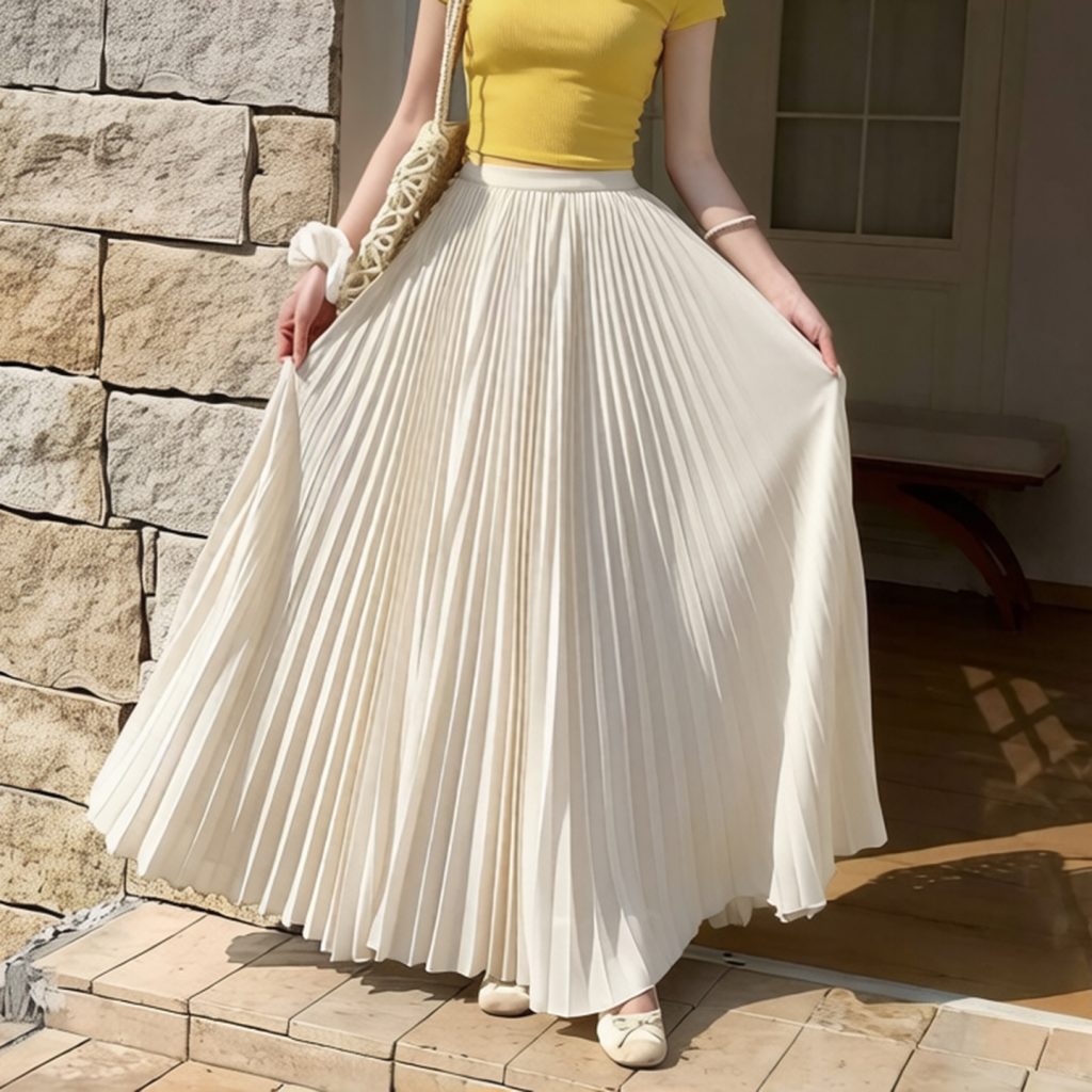 Light Luxury Pleated Chiffon A-Line Maxi Skirt for Women High Waist Slimming Flowy Long Skirt