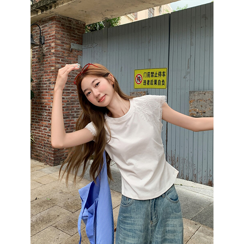 Women's Lace Panel Puff Sleeve Ruched Waist Short Sleeve T-Shirt 2026 Summer Slim Fit Top - Image 2