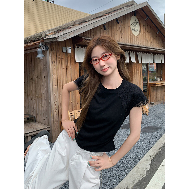 Women's Lace Panel Puff Sleeve Ruched Waist Short Sleeve T-Shirt 2026 Summer Slim Fit Top - Image 4
