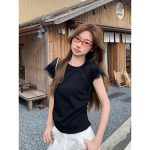 Black Lace Trim Short Sleeve T-Shirt for Women 2026 Summer Slim Fit Cropped Top