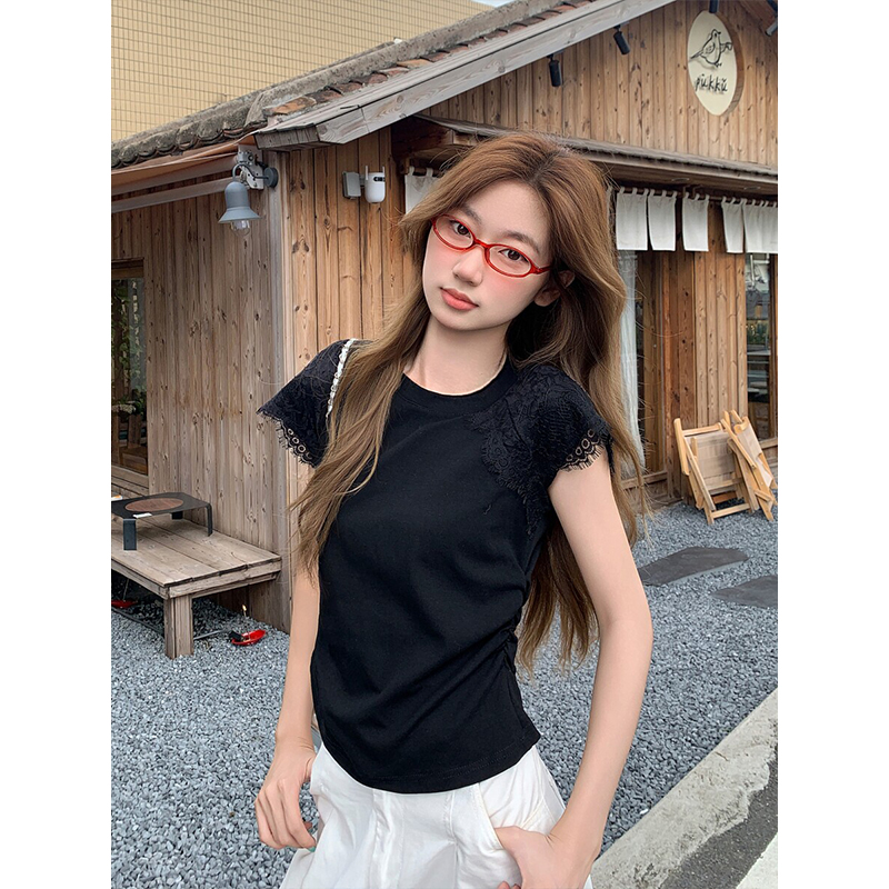Black Lace Trim Short Sleeve T-Shirt for Women 2026 Summer Slim Fit Cropped Top