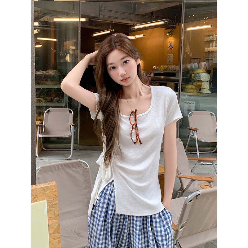 Women's Square Neck Short Sleeve Slim Fit T-Shirt with Split Hem 2026 Summer Commute Top - Image 2