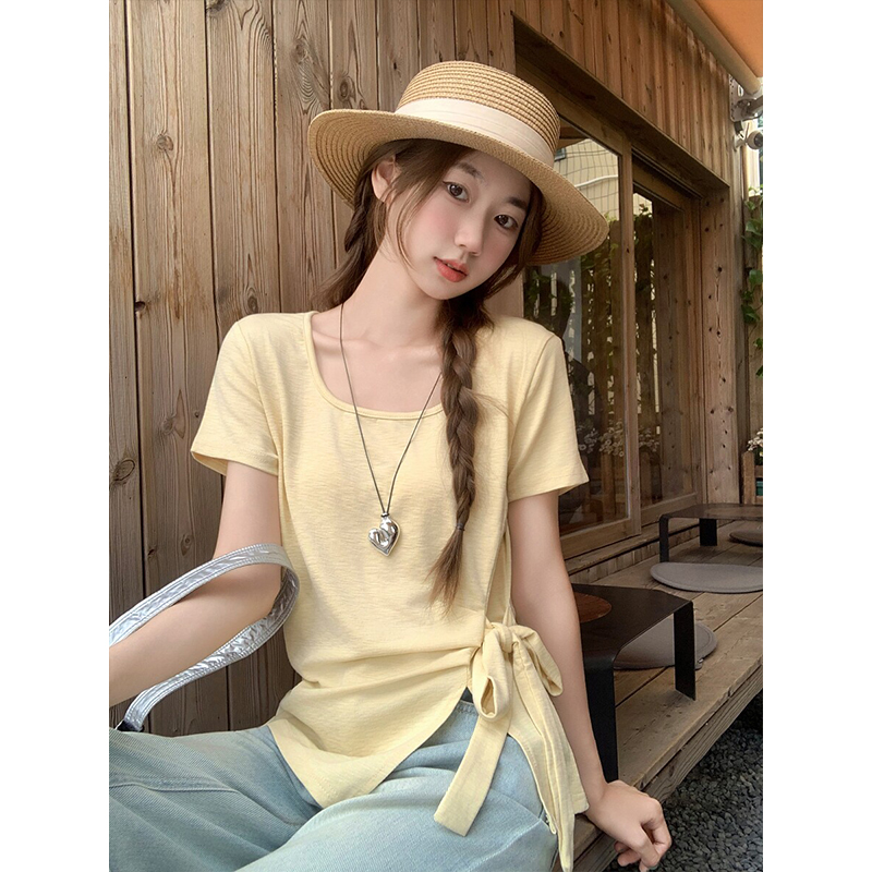 Women's Square Neck Short Sleeve Slim Fit T-Shirt with Split Hem 2026 Summer Commute Top - Image 4