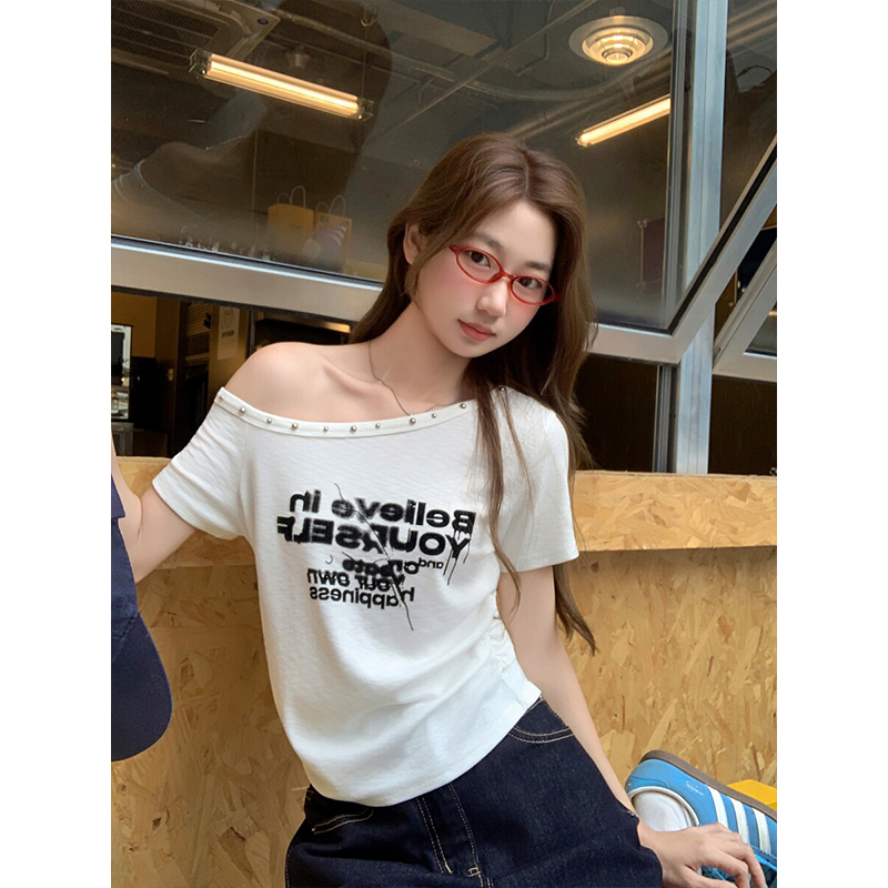 Women's One-Shoulder Letter Print Short Sleeve T-Shirt 2026 Summer Slim Fit Cropped Top