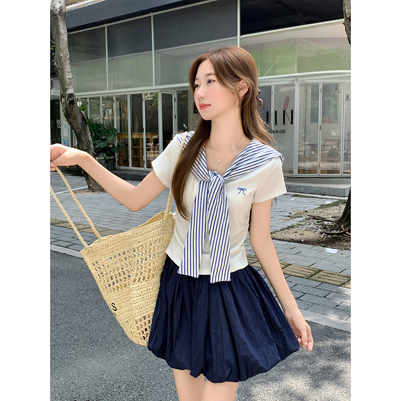 Women's Faux Two-Piece Cape Design Short Sleeve T-Shirt Summer Slim Cropped Top - Image 2
