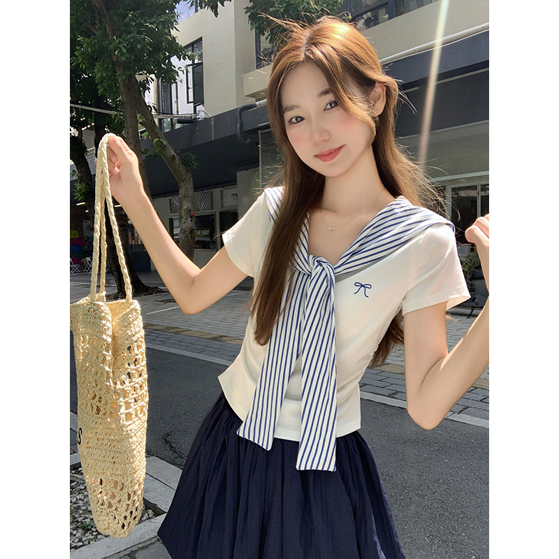 Women's Faux Two-Piece Cape Design Short Sleeve T-Shirt Summer Slim Cropped Top