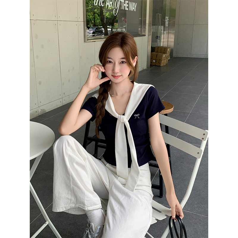 Women's Faux Two-Piece Cape Design Short Sleeve T-Shirt Summer Slim Cropped Top - Image 5