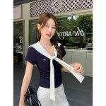 Striped Shawl V-Neck Short-Sleeve T-Shirt for Women 2026 Summer Slimming Fake Two-Piece Top