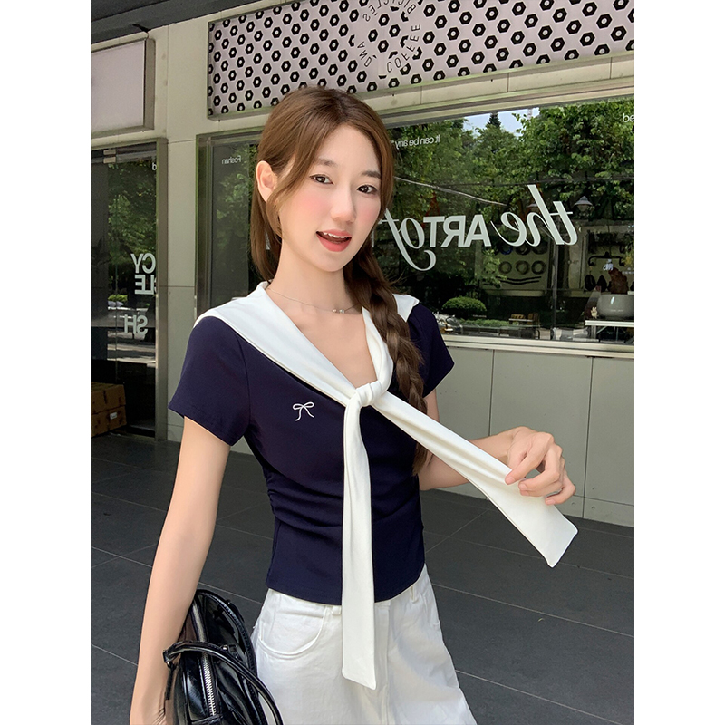 Striped Shawl V-Neck Short-Sleeve T-Shirt for Women 2026 Summer Slimming Fake Two-Piece Top
