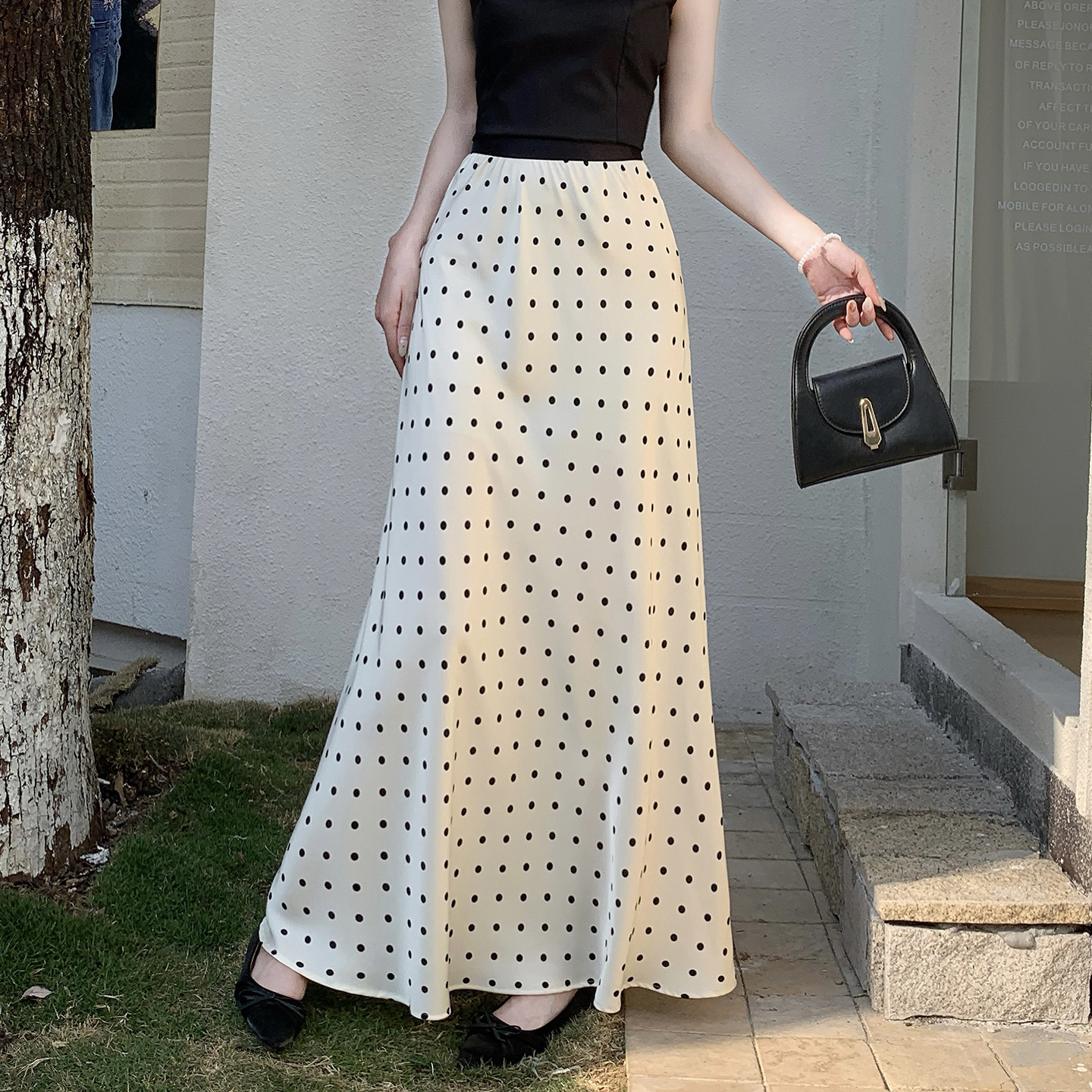 Acetate Satin Polka Dot Midi Skirt Women 2026 Spring Summer High Waist A-Line Bodycon Skirt - Image 3
