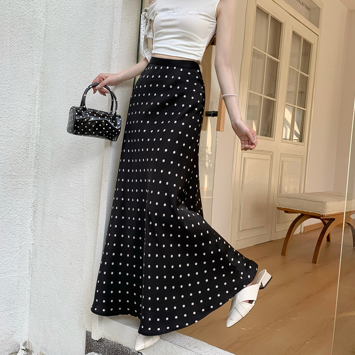 Acetate Satin Polka Dot Midi Skirt Women 2026 Spring Summer High Waist A-Line Bodycon Skirt