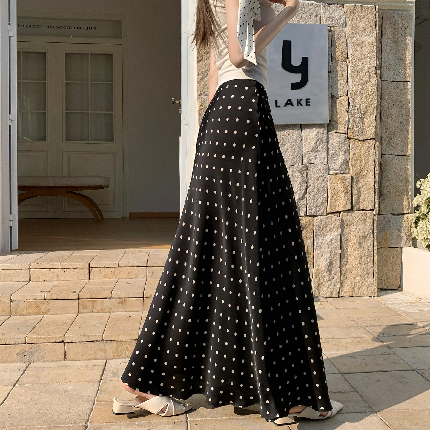 Acetate Satin Polka Dot Midi Skirt Women 2026 Spring Summer High Waist A-Line Bodycon Skirt - Image 2