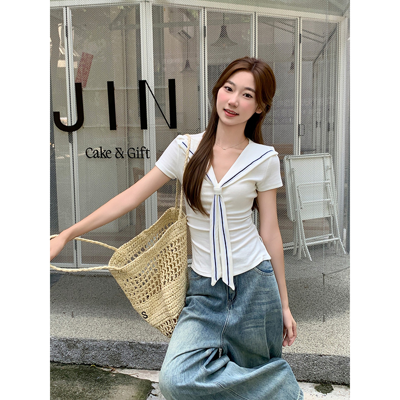 Women's Summer White Sailor Collar Short Sleeve T-Shirt Slim Fit Split Hem