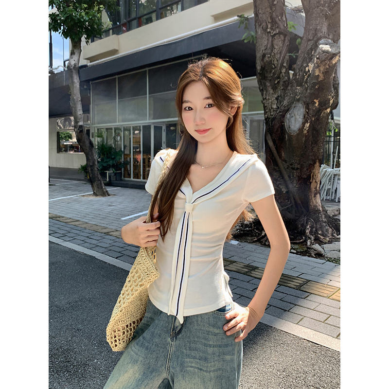 Women's Summer White Sailor Collar Short Sleeve T-Shirt Slim Fit Split Hem - Image 2