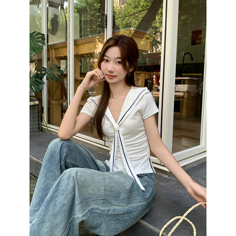 Women's Summer White Sailor Collar Short Sleeve T-Shirt Slim Fit Split Hem - Image 4