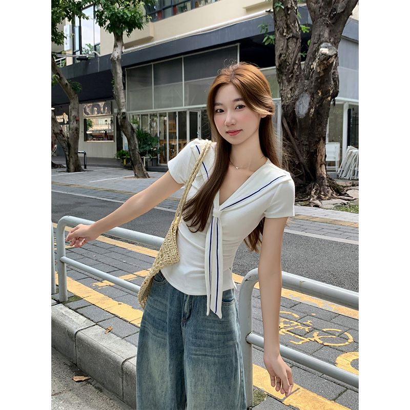 Women's Summer White Sailor Collar Short Sleeve T-Shirt Slim Fit Split Hem - Image 5