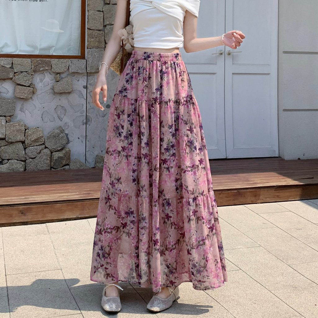 Pastoral Print Chiffon Tiered Skirt Women 2026 Spring French Vintage Flowy Midi Skirt