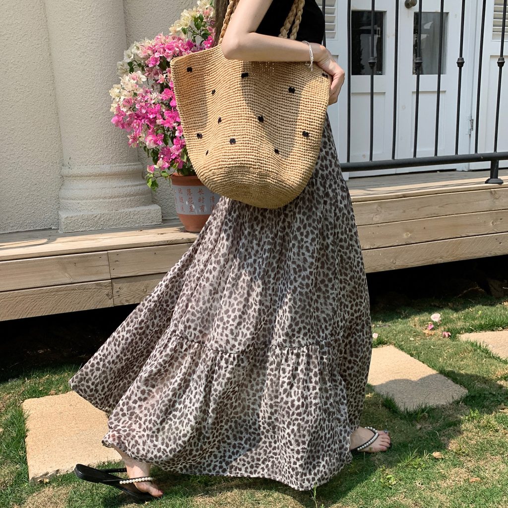Women's Summer Vintage Leopard Print Tiered Maxi Skirt 2026 French Style High Waist Loose Fit