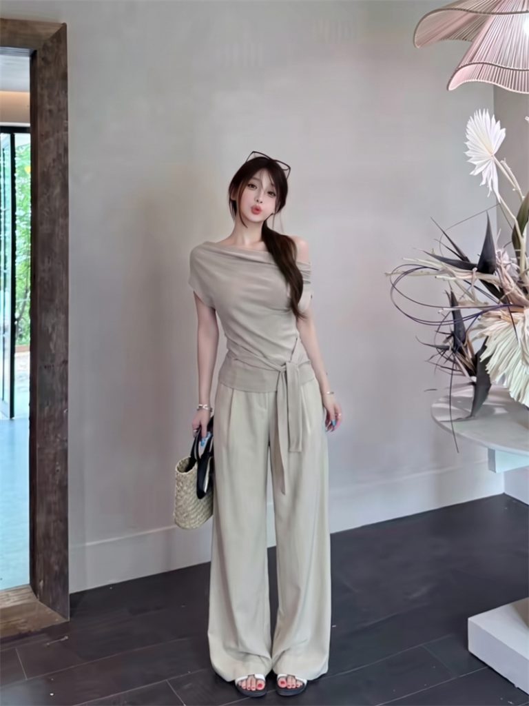 Women's Summer Two-Piece Set with Gray-Green Off-Shoulder Tie Top and Cream Apricot Wide-Leg Pants