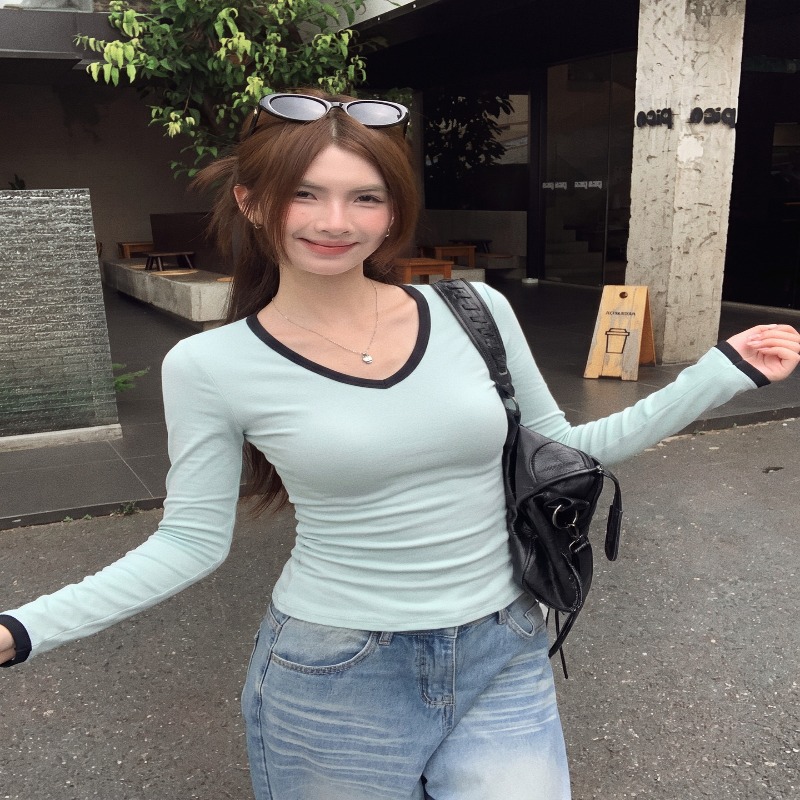 Blue V-Neck Color-Block Long-Sleeve Knit Base Layer Women's Fall Winter Slim Sweater Top - Image 5