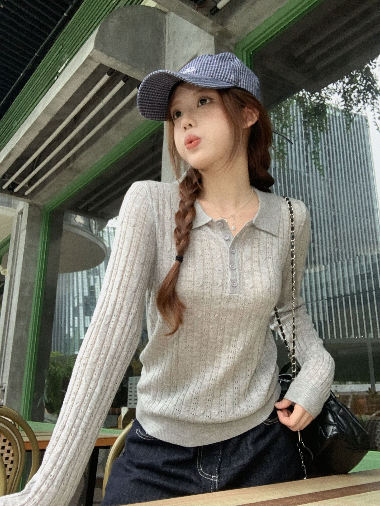Gray Polo Collar Knit Sweater Women 2026 Fall Slimming Long Sleeve Top
